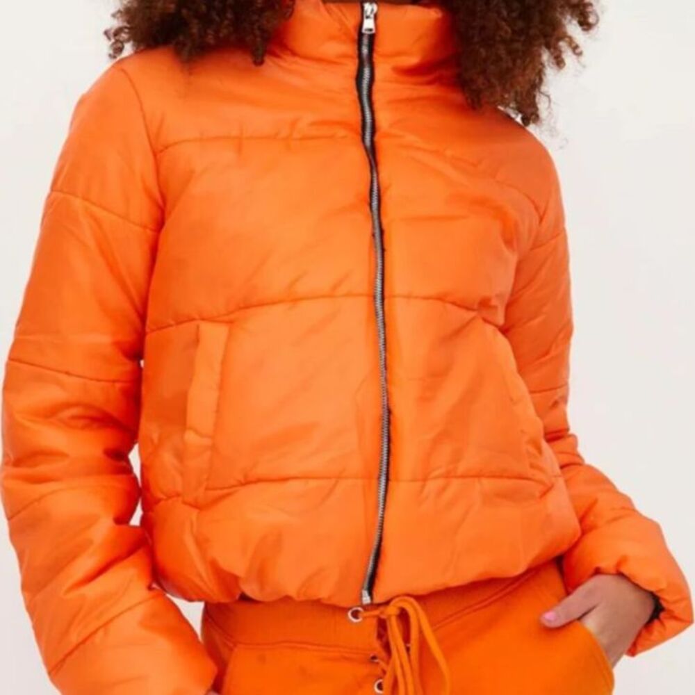Pretty Little Thing Women's Orange Puffer Jacket Size 8